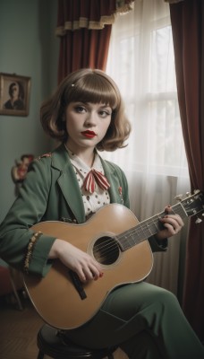 1girl,solo,short hair,bangs,brown hair,shirt,long sleeves,ribbon,holding,brown eyes,jewelry,sitting,jacket,white shirt,earrings,parted lips,open clothes,day,collared shirt,pants,indoors,blunt bangs,nail polish,blurry,open jacket,red ribbon,lips,looking to the side,window,neck ribbon,makeup,chair,looking away,sunlight,crossed legs,lipstick,curtains,instrument,red nails,green jacket,realistic,nose,music,guitar,red lips,stool,playing instrument,holding instrument,green pants,acoustic guitar,bow,striped,formal,bob cut,suit