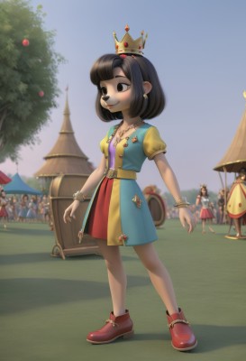 1girl,breasts,smile,short hair,bangs,multiple girls,skirt,brown hair,shirt,black hair,dress,holding,brown eyes,jewelry,closed mouth,standing,collarbone,full body,short sleeves,earrings,small breasts,outdoors,multiple boys,open clothes,sky,shoes,solo focus,day,puffy sleeves,belt,artist name,signature,blunt bangs,medium hair,necklace,blurry,black eyes,vest,bracelet,tree,blue sky,puffy short sleeves,fruit,blurry background,blue dress,red skirt,bob cut,crown,red footwear,child,buckle,pendant,walking,belt buckle,female child,bangle,crowd,people,solo,lips,wrist cuffs,6+girls,watermark,red dress,grass,mini crown