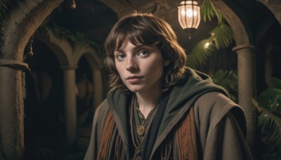 1girl,solo,looking at viewer,short hair,bangs,brown hair,jewelry,closed mouth,upper body,hood,necklace,blurry,tree,lips,grey eyes,hood down,plant,cloak,freckles,robe,realistic,nose,pillar,arch,blue eyes,parted lips,light