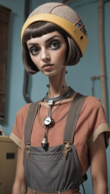 1girl,solo,looking at viewer,short hair,bangs,brown hair,shirt,black hair,brown eyes,jewelry,closed mouth,collarbone,upper body,short sleeves,belt,artist name,blunt bangs,necklace,blurry,flat chest,lips,depth of field,blurry background,bob cut,helmet,t-shirt,box,realistic,nose,overalls,cable,cardboard box,hardhat,eyelashes,makeup,brown shirt