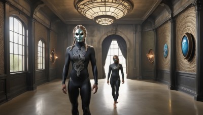 1girl,breasts,blue eyes,multiple girls,blonde hair,brown hair,2girls,medium breasts,standing,barefoot,indoors,window,bodysuit,mask,glowing,sunlight,glowing eyes,skin tight,reflection,walking,arms at sides,black bodysuit,hallway,looking at viewer,1boy,twin braids,colored skin,grey skin,alien,black skin