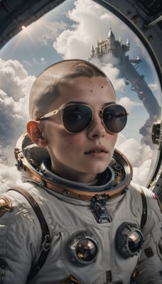 solo,looking at viewer,blonde hair,1boy,upper body,male focus,parted lips,sky,teeth,day,cloud,blue sky,lips,sunglasses,cloudy sky,zipper,freckles,realistic,round eyewear,sun,bald,spacesuit,astronaut,1girl,sunlight,science fiction,planet,dirty,spacecraft