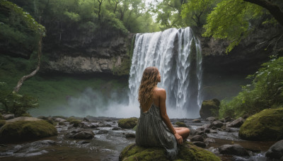 1girl, solo, long hair, brown hair, dress, bare shoulders, sitting, outdoors, water, from behind, tree, nature, scenery, forest, rock, river, waterfall