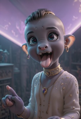 1girl,solo,looking at viewer,smile,short hair,open mouth,blue eyes,shirt,animal ears,jewelry,upper body,earrings,teeth,choker,tongue,indoors,tongue out,necklace,blurry,flat chest,bracelet,fingernails,blurry background,colored skin,fangs,upper teeth only,ring,pointing,index finger raised,furry,hoop earrings,furry female,very short hair,animal nose,snout,buck teeth,long sleeves,pointy ears,eyelashes,gem,blue skin,neck ring