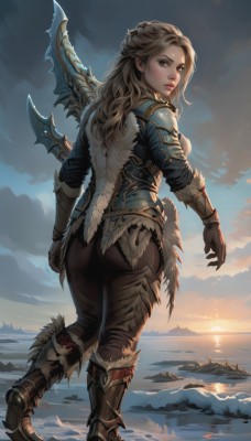 1girl,solo,long hair,breasts,looking at viewer,blonde hair,brown hair,gloves,brown eyes,medium breasts,standing,full body,weapon,ass,braid,boots,outdoors,parted lips,sky,looking back,pants,sword,cloud,water,from behind,armor,high heels,lips,fur trim,ocean,brown footwear,black pants,knee boots,cloudy sky,polearm,shoulder armor,french braid,brown gloves,high heel boots,backlighting,walking,pauldrons,sunset,mountain,nose,sun,vambraces,armored boots,leather,sunrise