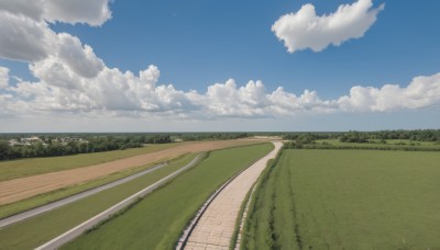 outdoors,sky,day,cloud,tree,blue sky,no humans,cloudy sky,grass,nature,scenery,road,field,landscape,path,hill,forest,horizon