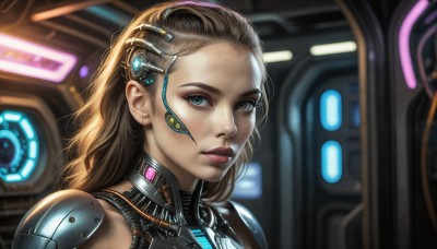 HQ,1girl,solo,long hair,looking at viewer,blue eyes,blonde hair,brown hair,green eyes,upper body,armor,blurry,lips,makeup,blurry background,headgear,portrait,forehead,freckles,science fiction,realistic,nose,cable,cyborg,hair pulled back,cyberpunk,parted lips,aqua eyes,eyelashes,bodysuit,close-up,earpiece,hologram