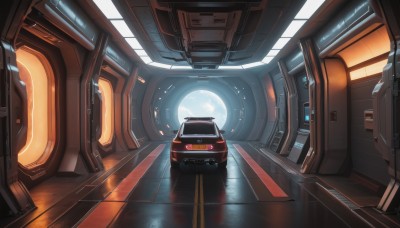 indoors,no humans,window,ground vehicle,scenery,motor vehicle,reflection,science fiction,car,vehicle focus,seat,solo,realistic,light,road,reflective floor