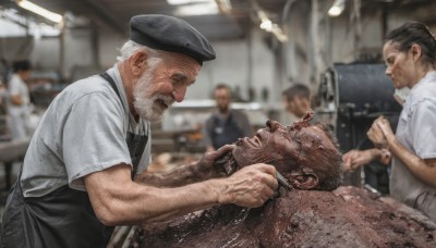 short hair,open mouth,brown hair,shirt,black hair,hat,closed eyes,white shirt,white hair,short sleeves,male focus,lying,multiple boys,teeth,collared shirt,indoors,blurry,looking at another,uniform,apron,from side,black headwear,profile,muscular,blurry background,facial hair,beret,3boys,beard,veins,4boys,realistic,mustache,bald,manly,old,old man,arm hair,strangling,black apron,ceiling light,wrinkled skin,veiny arms,smile,closed mouth,upper body,grey hair,glasses,blood,depth of field,blue headwear,6+boys,employee uniform