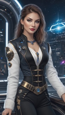 1girl,solo,long hair,breasts,looking at viewer,brown hair,shirt,long sleeves,cleavage,brown eyes,jewelry,medium breasts,closed mouth,standing,white shirt,cowboy shot,earrings,sky,belt,pants,necklace,vest,lips,makeup,night,wavy hair,black pants,lipstick,building,gem,star (sky),night sky,pendant,eyeshadow,starry sky,black vest,hoop earrings,realistic,nose,red lips,eyeliner,spacecraft,artist name,mole,grey eyes,city,emblem,badge