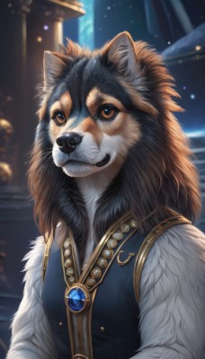 solo,1boy,brown eyes,jewelry,upper body,male focus,outdoors,teeth,artist name,signature,necklace,blurry,vest,no humans,night,blurry background,animal,looking up,brooch,gem,furry,dog,furry male,animal focus,looking at viewer,brown hair,animal ears,closed mouth,sky,watermark,star (sky),pendant,white fur,snout,brown fur