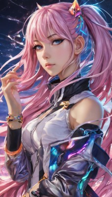 1girl,solo,long hair,breasts,looking at viewer,bangs,blue eyes,shirt,hair ornament,long sleeves,navel,hair between eyes,bare shoulders,twintails,jewelry,medium breasts,very long hair,closed mouth,jacket,white shirt,upper body,pink hair,sidelocks,parted lips,detached sleeves,open clothes,sky,sleeveless,shiny,hand up,off shoulder,nail polish,shiny hair,bracelet,from side,lips,floating hair,star (sky),zipper,high collar,pink lips,zipper pull tab,ponytail,horns,artist name,open jacket,black jacket,fingernails,eyelashes,makeup,ring,realistic,nose,mascara