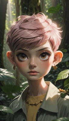 1girl,solo,looking at viewer,blush,short hair,bangs,shirt,brown eyes,jewelry,closed mouth,jacket,upper body,pink hair,earrings,outdoors,day,necklace,blurry,tree,lips,eyelashes,makeup,depth of field,blurry background,leaf,sunlight,portrait,nature,close-up,androgynous,forest,freckles,realistic,nose,very short hair,artist name,thick eyebrows,plant,child,yellow shirt,dappled sunlight