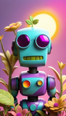 solo,looking at viewer,upper body,flower,no humans,leaf,plant,robot,mecha,purple background,sun,one-eyed,straight-on,humanoid robot,non-humanoid robot,pink background,sunglasses,backlighting,science fiction,yellow flower,sunflower