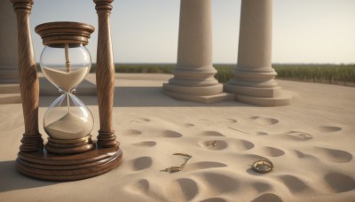 outdoors,sky,day,no humans,grass,scenery,watch,sand,pillar,pocket watch,still life,desert,column,blurry,blurry background,hourglass