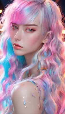 1girl,solo,long hair,looking at viewer,bangs,bare shoulders,jewelry,closed mouth,blue hair,upper body,pink hair,multicolored hair,artist name,from side,two-tone hair,lips,grey eyes,eyelashes,makeup,wavy hair,lipstick,portrait,eyeshadow,freckles,realistic,nose,mascara,blush,green eyes,earrings,necklace,gradient hair,swept bangs,cross,gem,pink lips,red lips,eyeliner