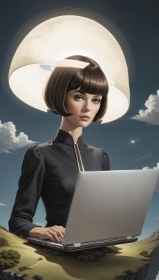 1girl,solo,looking at viewer,short hair,bangs,blue eyes,brown hair,shirt,long sleeves,closed mouth,upper body,outdoors,sky,day,artist name,cloud,blunt bangs,lips,grey eyes,black shirt,moon,bob cut,full moon,realistic,nose,computer,laptop,black hair,brown eyes,black eyes,night,watermark,night sky,web address