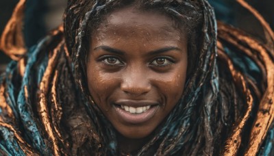 solo,looking at viewer,smile,black hair,1boy,brown eyes,male focus,teeth,dark skin,grin,blurry,dark-skinned female,lips,blurry background,dark-skinned male,portrait,realistic,nose,very dark skin,dreadlocks,1girl,open mouth,sweat,close-up,freckles