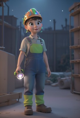 solo,smile,short hair,brown hair,shirt,1boy,holding,brown eyes,standing,full body,white shirt,short sleeves,male focus,earrings,outdoors,shoes,collared shirt,night,glowing,brown footwear,crown,child,overalls,male child,flashlight,blue overalls,looking at viewer,black hair,hat,jewelry,boots,parted lips,sky,socks,blurry,blurry background,lamppost