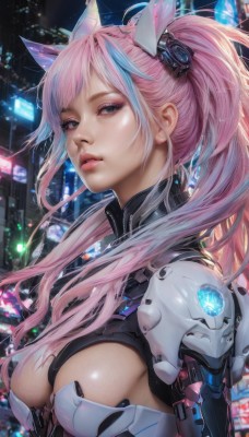 1girl,solo,long hair,breasts,looking at viewer,bangs,blue eyes,large breasts,hair ornament,animal ears,cleavage,twintails,medium breasts,blue hair,upper body,ponytail,pink hair,multicolored hair,parted lips,shiny,armor,lips,streaked hair,eyelashes,bodysuit,sideboob,makeup,headgear,science fiction,nose,sidelocks,artist name,signature,from side,fake animal ears,eyeshadow,realistic,mascara,mechanical ears