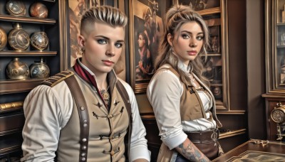 long hair,breasts,looking at viewer,short hair,blue eyes,multiple girls,blonde hair,brown hair,shirt,2girls,brown eyes,jewelry,upper body,ponytail,multicolored hair,earrings,indoors,necklace,vest,lips,grey eyes,tattoo,makeup,lipstick,corset,sleeves rolled up,nose,arm tattoo,shelf,brown vest,steampunk,1girl,1boy,white shirt,pointy ears,belt,signature,book,suspenders,asymmetrical hair,realistic,red lips,undercut,portrait (object)