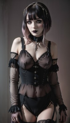 1girl,solo,breasts,looking at viewer,blush,short hair,bangs,large breasts,black hair,thighhighs,gloves,cleavage,bare shoulders,jewelry,medium breasts,underwear,nipples,standing,panties,multicolored hair,cowboy shot,parted lips,detached sleeves,choker,black thighhighs,necklace,nail polish,black eyes,collar,covered nipples,two-tone hair,see-through,grey eyes,black panties,covered navel,makeup,cameltoe,garter straps,lingerie,cross,lipstick,pale skin,black nails,corset,realistic,cross necklace,purple lips,gothic,black lips,navel,hairband,garter belt,eyeliner