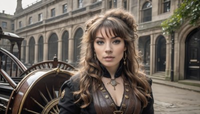 1girl,solo,long hair,breasts,looking at viewer,bangs,blue eyes,brown hair,cleavage,jewelry,medium breasts,upper body,earrings,outdoors,parted lips,choker,day,necklace,tree,lips,grey eyes,fur trim,building,pendant,curly hair,realistic,steampunk,large breasts,brown eyes,hair bun,shield,architecture