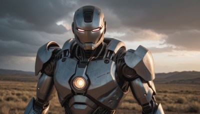 solo,looking at viewer,red eyes,1boy,upper body,male focus,outdoors,sky,cloud,blurry,no humans,blurry background,glowing,cloudy sky,robot,mecha,glowing eyes,science fiction,mountain,white eyes,straight-on,humanoid robot,armor,blood,portrait,power armor