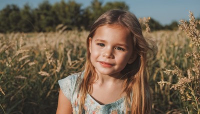 1girl,solo,long hair,looking at viewer,smile,brown hair,shirt,dress,brown eyes,white shirt,upper body,flower,short sleeves,outdoors,parted lips,sky,day,blurry,black eyes,blue sky,lips,head tilt,depth of field,blurry background,floral print,realistic,red lips,field,blue eyes,tree