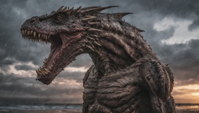 solo,open mouth,red eyes,tail,outdoors,sky,teeth,tongue,cloud,water,no humans,ocean,fangs,cloudy sky,sharp teeth,claws,rain,monster,dragon,scales,grey sky,kaijuu,from side