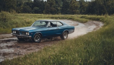 outdoors,day,tree,no humans,grass,ground vehicle,nature,scenery,motor vehicle,forest,car,road,bush,vehicle focus,wheel,sports car,realistic