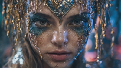 1girl,solo,long hair,looking at viewer,brown hair,brown eyes,jewelry,closed mouth,artist name,dark skin,blurry,dark-skinned female,lips,eyelashes,makeup,depth of field,blurry background,gem,portrait,close-up,freckles,reflection,circlet,realistic,nose,head chain,black hair,earrings,black eyes