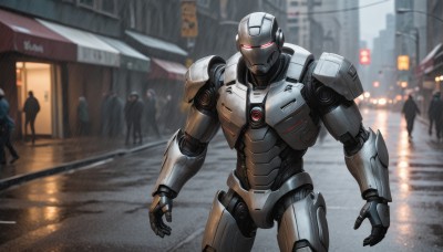 red eyes,standing,outdoors,multiple boys,solo focus,armor,blurry,military,blurry background,glowing,robot,ground vehicle,building,mecha,glowing eyes,motor vehicle,walking,science fiction,rain,6+boys,city,realistic,car,road,police,street,open hands,lights,humanoid robot,looking at viewer,1boy,male focus,signature,depth of field,helmet,sign,power armor,cyberpunk,traffic light,crosswalk