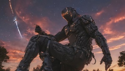 solo,1boy,holding,sitting,weapon,male focus,outdoors,sky,cloud,armor,tree,night,helmet,star (sky),nature,night sky,starry sky,science fiction,sunset,power armor,shooting star,gloves,glowing,robot,explosive,dusk