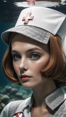 1girl,solo,looking at viewer,short hair,brown hair,shirt,hat,green eyes,collarbone,parted lips,collared shirt,blurry,lips,eyelashes,blurry background,white headwear,portrait,freckles,realistic,nose,nurse cap,red lips,nurse,red cross,closed mouth,makeup,bob cut,cross,baseball cap