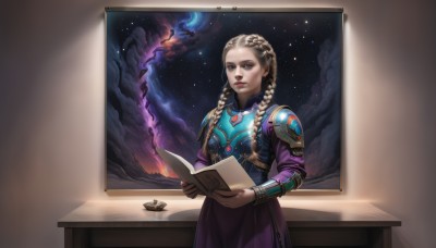 1girl,solo,long hair,looking at viewer,blue eyes,blonde hair,long sleeves,dress,holding,jewelry,closed mouth,braid,sky,artist name,cloud,indoors,armor,twin braids,lips,book,window,makeup,night,table,gem,star (sky),night sky,hair over shoulder,purple dress,starry sky,holding book,open book,nose,red lips,reading,space,planet,lipstick