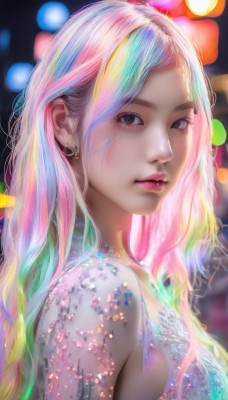 1girl,solo,long hair,breasts,looking at viewer,blonde hair,dress,brown eyes,jewelry,closed mouth,blue hair,upper body,pink hair,multicolored hair,earrings,necklace,blurry,black eyes,from side,two-tone hair,lips,makeup,depth of field,blurry background,realistic,nose,rainbow hair,streaked hair,watermark,portrait,web address,bokeh