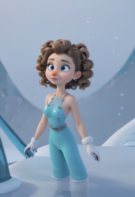 1girl,solo,breasts,smile,short hair,blue eyes,brown hair,gloves,bare shoulders,jewelry,closed mouth,standing,earrings,small breasts,sleeveless,belt,white gloves,medium hair,water,lips,bodysuit,thick eyebrows,snow,wading,curly hair,fur trim,freckles,overalls