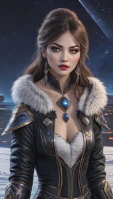 1girl,solo,long hair,breasts,looking at viewer,brown hair,long sleeves,cleavage,brown eyes,jewelry,medium breasts,collarbone,upper body,earrings,outdoors,parted lips,sky,choker,belt,artist name,necklace,armor,lips,coat,fur trim,makeup,night,lipstick,gem,star (sky),night sky,snow,eyeshadow,starry sky,fur collar,nose,red lips,bangs,jacket,black jacket,parted bangs,realistic