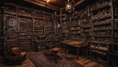 indoors,book,no humans,chair,table,scenery,lantern,wooden floor,bookshelf,light,lamp,stool,shelf,library,ladder,chandelier,clock,candle,candlestand,ceiling light,loaded interior