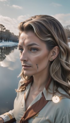 1girl,solo,long hair,blue eyes,blonde hair,brown hair,shirt,jewelry,white shirt,upper body,earrings,outdoors,day,blurry,tree,lips,scar,freckles,realistic,nose,sky,cloud,neckerchief,wavy hair,sunlight,snow,yin yang