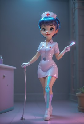 1girl,solo,breasts,looking at viewer,smile,short hair,bangs,gloves,hat,dress,holding,brown eyes,jewelry,medium breasts,blue hair,standing,full body,short sleeves,earrings,small breasts,shiny,indoors,white gloves,white dress,blurry,black eyes,lips,blurry background,short dress,white footwear,plant,pink dress,nurse cap,android,tiles,potted plant,nurse,id card,syringe,latex,prosthesis,stethoscope,latex gloves,black hair,boots,watermark,cross,web address,freckles,red lips,cyborg,holding syringe