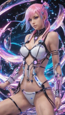 1girl,solo,long hair,breasts,looking at viewer,bangs,blue eyes,hair ornament,navel,cleavage,bare shoulders,jewelry,medium breasts,underwear,purple eyes,panties,swimsuit,pink hair,bikini,multicolored hair,parted lips,lips,thigh strap,revealing clothes,armlet,realistic,bikini armor,choker,side ponytail,piercing