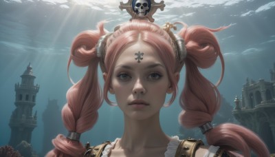 1girl,solo,long hair,looking at viewer,hair ornament,twintails,brown eyes,closed mouth,collarbone,pink hair,red hair,artist name,signature,lips,watermark,facial mark,sunlight,portrait,freckles,light rays,underwater,forehead mark,realistic,nose,sunbeam,braid,sky,cloud,scenery,architecture,castle