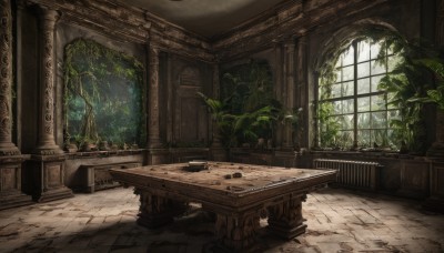 day,indoors,tree,no humans,window,chair,table,sunlight,plant,nature,scenery,light rays,wooden floor,stairs,potted plant,ruins,vines,pillar,arch,moss,overgrown,book,fantasy