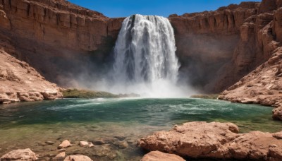 outdoors,sky,day,water,blue sky,no humans,grass,nature,scenery,rock,mountain,river,waterfall,landscape,cliff,cloud