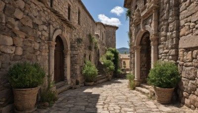 outdoors,sky,day,cloud,tree,blue sky,no humans,window,grass,plant,building,scenery,stairs,door,potted plant,road,bush,wall,ruins,brick wall,arch,stone wall,shadow,cloudy sky,pillar,path,column,pavement