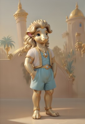 1girl,solo,long hair,looking at viewer,smile,blue eyes,blonde hair,shirt,1boy,animal ears,jewelry,closed mouth,standing,jacket,full body,white shirt,short sleeves,male focus,earrings,outdoors,open clothes,shorts,barefoot,day,belt,artist name,signature,necklace,black eyes,vest,bracelet,tree,watermark,blue shirt,child,furry,pendant,blue shorts,hand in pocket,hands in pockets,anklet,palm tree,furry female,overalls,furry male,male child,body fur,animal nose,snout,brown hair,plant,gem,curly hair