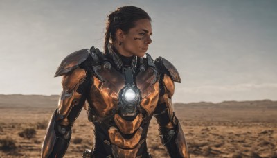 1girl,solo,short hair,brown hair,black hair,1boy,brown eyes,jewelry,closed mouth,upper body,braid,earrings,outdoors,sky,dark skin,armor,dark-skinned female,lips,looking to the side,dark-skinned male,shoulder armor,science fiction,realistic,cyborg,power armor,dreadlocks,male focus