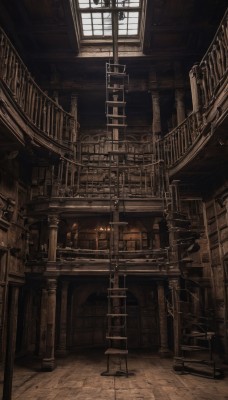 monochrome,indoors,book,no humans,window,scenery,stairs,railing,bookshelf,candle,architecture,sepia,pillar,library,ceiling,ladder,brown theme,arch,chandelier,chair